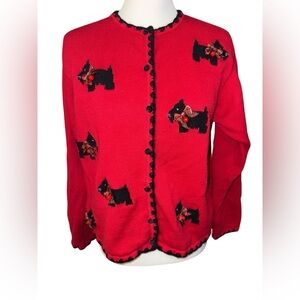 Marisa Christina Red Christmas Sweater Cardigan Embroidered Scottie dogs Medium